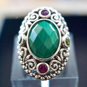 Silver & Malachite & Gemstones Ring SZ 5